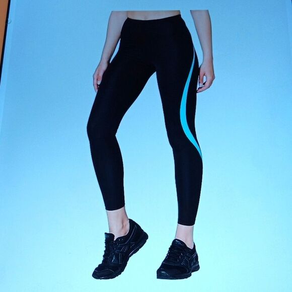 NEW AURIQUE HIGH RISE WOMEN'S LEGGINGS BLACK/TURQUOISE SMALL - Picture 1 of 6